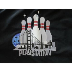 Rare Mens XL Playstation Gaming Bowling Pins Golden Gate Bridge Shirt Black